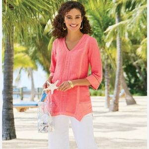 Soft Surroundings Leonie Coral Linen Blouse Tunic Size M